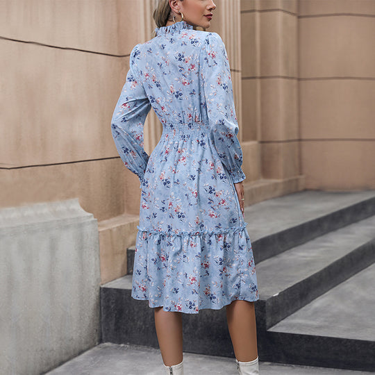 Damen Floral Midi-Kleid mit Taillierung und Puffärmeln Nord Taschen