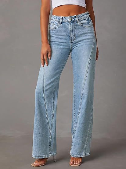 Damen High-Waist Wide-Leg Jeans mit dekorativer V-Naht Nord Taschen