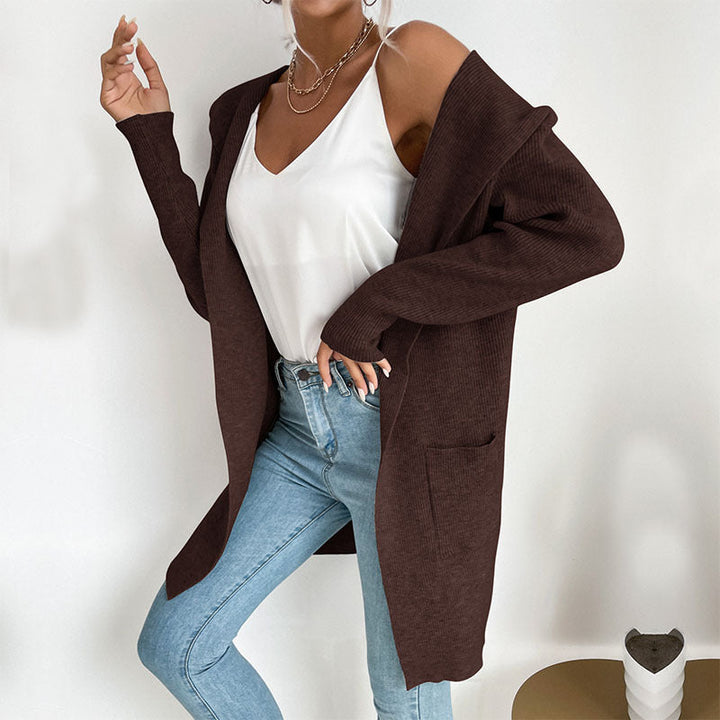 Damen Langärmlige Strickjacke mit Kapuze und seitlichen Taschen