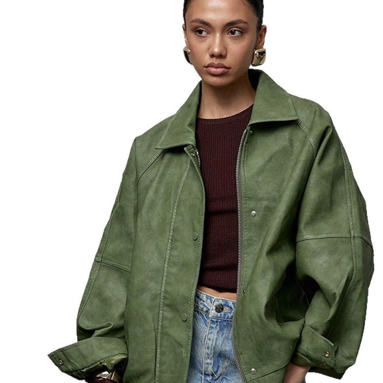 Damen Oversize-Lederimitatjacke im Boxy-Cut mit Raglanärmeln und Zweiwege-Reißverschluss Nord Taschen