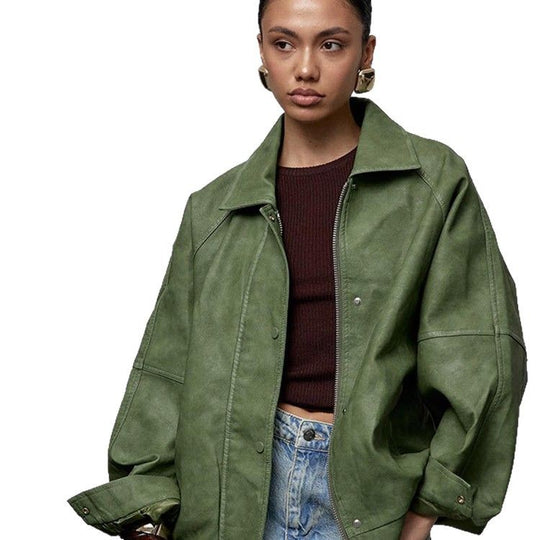 Damen Oversize-Lederimitatjacke im Boxy-Cut mit Raglanärmeln und Zweiwege-Reißverschluss Nord Taschen