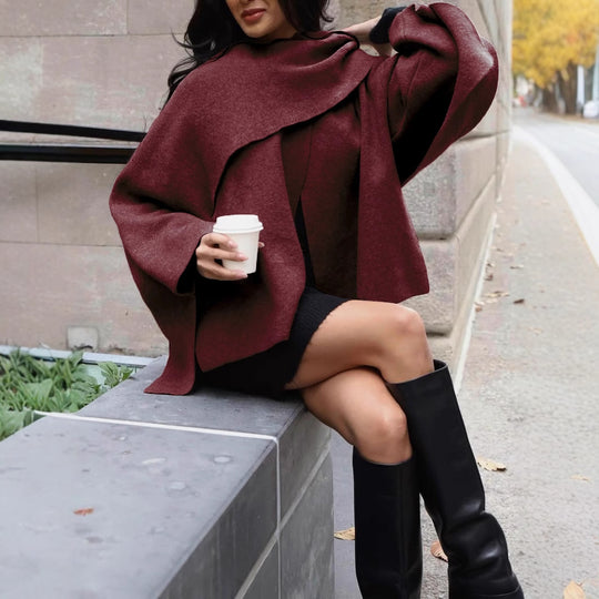 Damen Kurze Capejacke im Lagenlook aus Wollmix mit weitem Fledermausärmel Nord Taschen