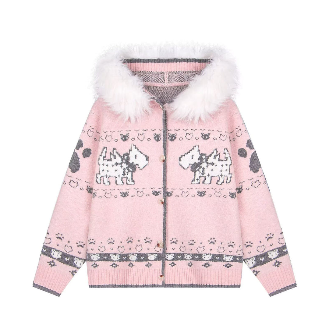 Damen Gemütliche Strickjacke mit Tiermuster und Pelzkragen Nord Taschen