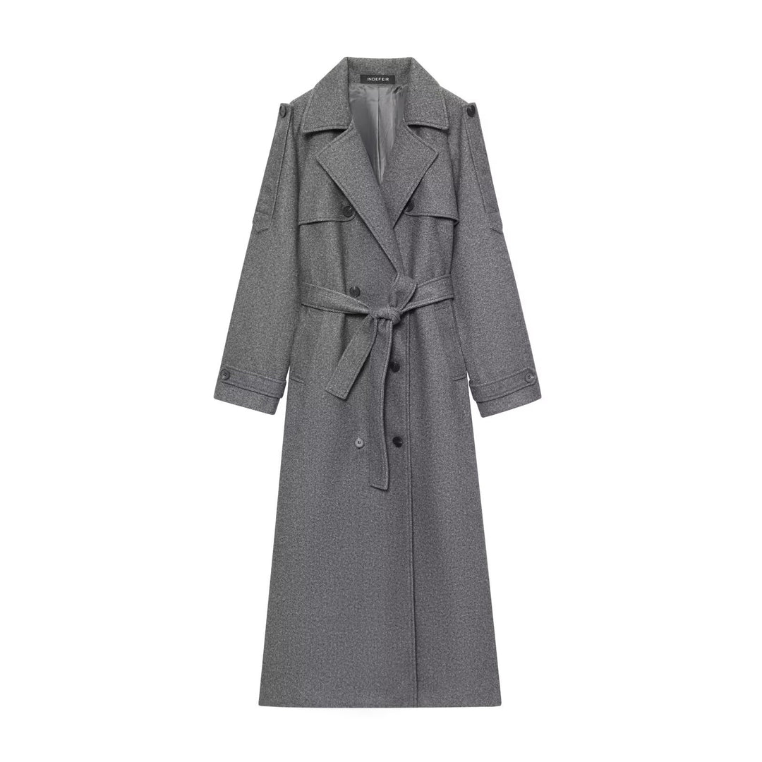 Damen Langer Woll-Trenchcoat mit Bindegürtel Nord Taschen