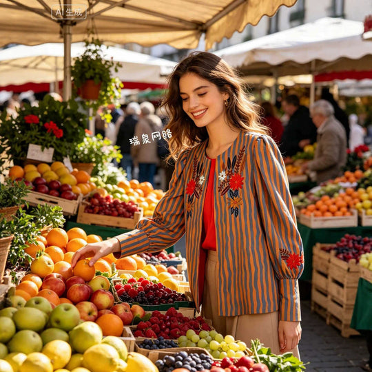 Damen Leichte gestreifte Blusenjacke mit floraler Stickerei und Manschetten Nord Taschen