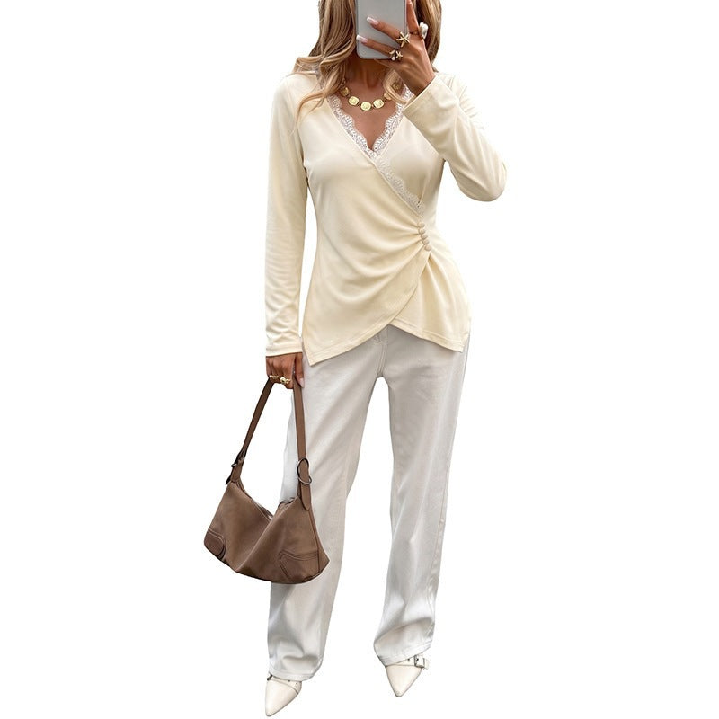 Damen Wickel-Longsleeve mit Spitzenbesatz und seitlicher Raffung Nord Taschen