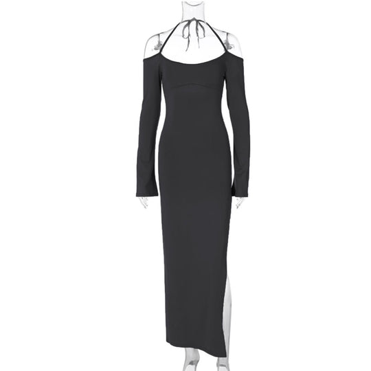 Damen langes Abendkleid mit Neckholder und schulterfreiem Bell-Ärmel, figurbetonter Taillenraffung und hohem seitlichem Beinschlitz Nord Taschen