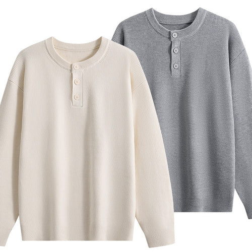 Unisex Oversize Rippstrick-Henley-Pullover mit 3‑Knopf-Leiste Nord Taschen