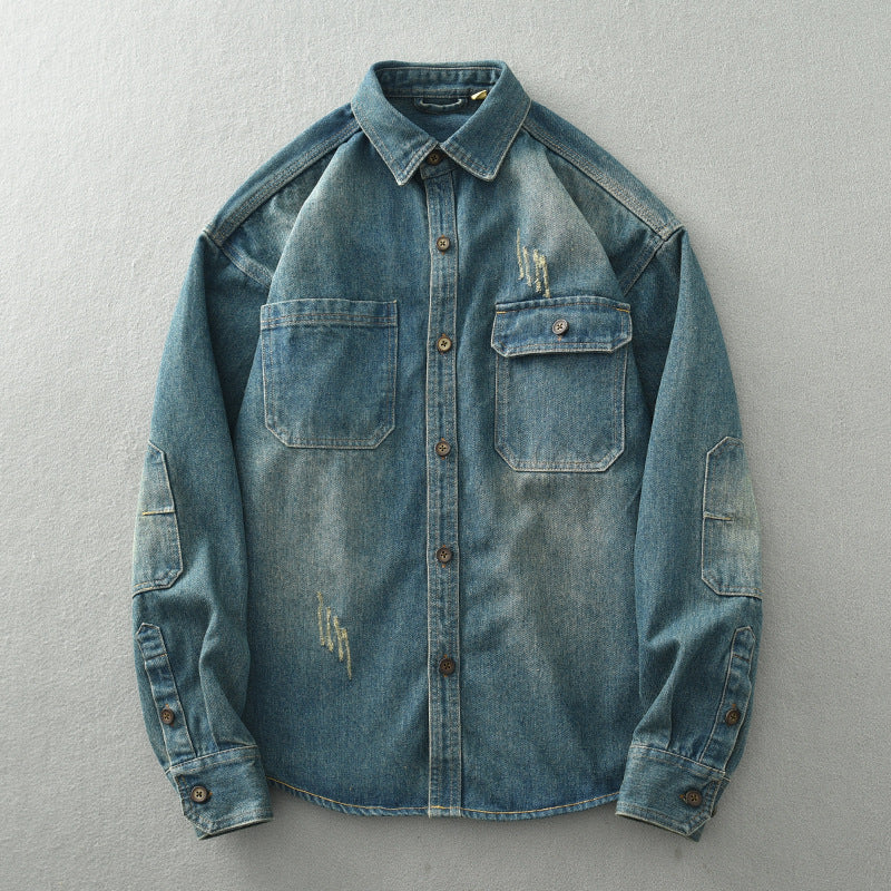 Herren Denim-Hemdjacke im Used-Look mit aufgesetzten Brusttaschen und Knopfleiste Nord Taschen
