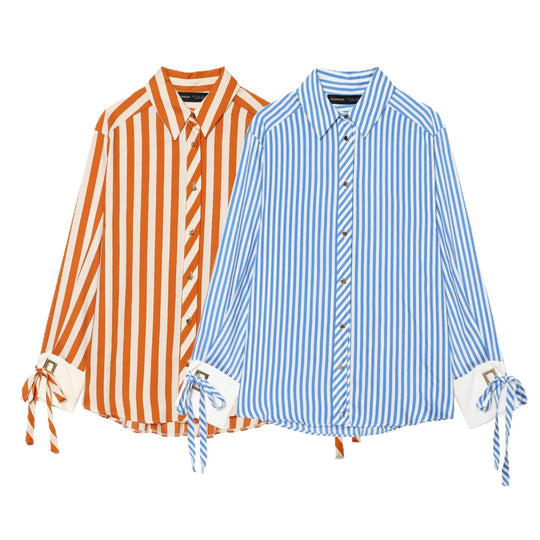 Damen Gestreifte Oversize‑Bluse mit langen Ärmeln, Schmuckmanschetten und Bindebändern Nord Taschen