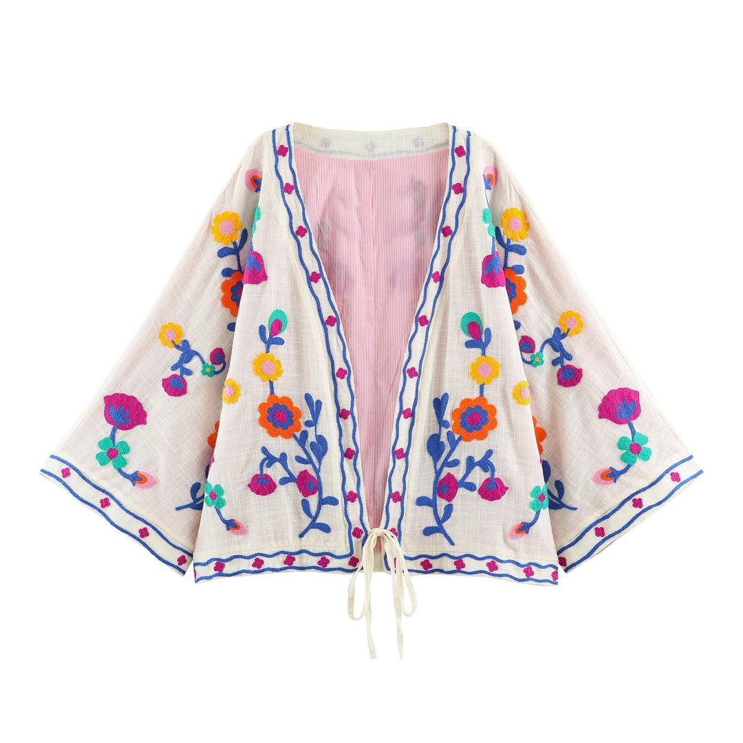 Damen bestickter Kimono-Cardigan mit floraler Stickerei Nord Taschen