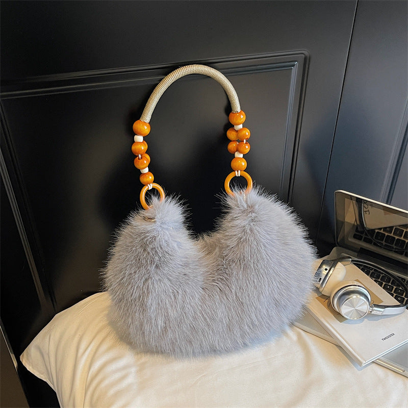 Damen Plüsch-Handtasche mit eleganten Holzgriffen Nord Taschen