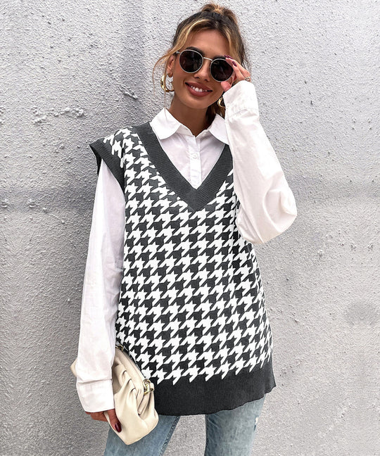 Damen Oversize Strickweste mit Hahnentrittmuster und V-Ausschnitt Nord Taschen