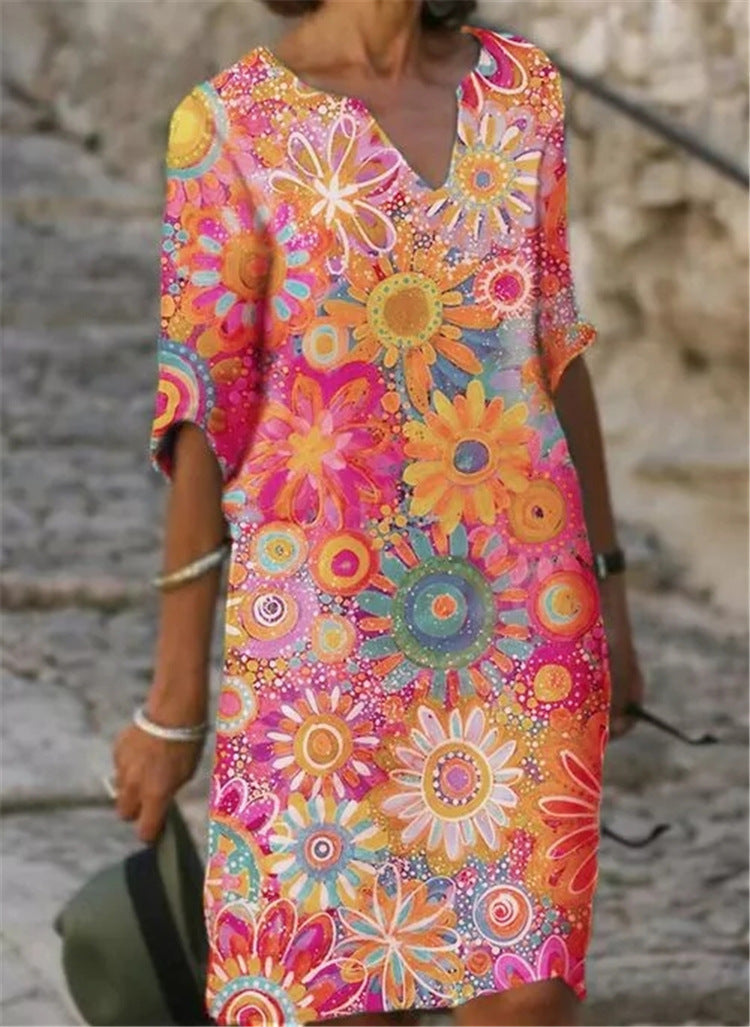 Damen lässiges Freizeitkleid mit floralen Mustern und V-Ausschnitt Nord Taschen