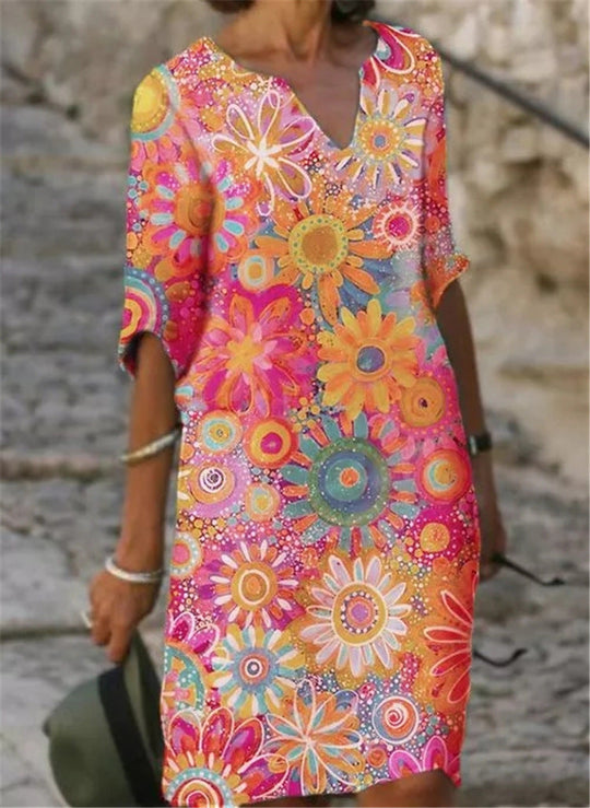 Damen lässiges Freizeitkleid mit floralen Mustern und V-Ausschnitt Nord Taschen