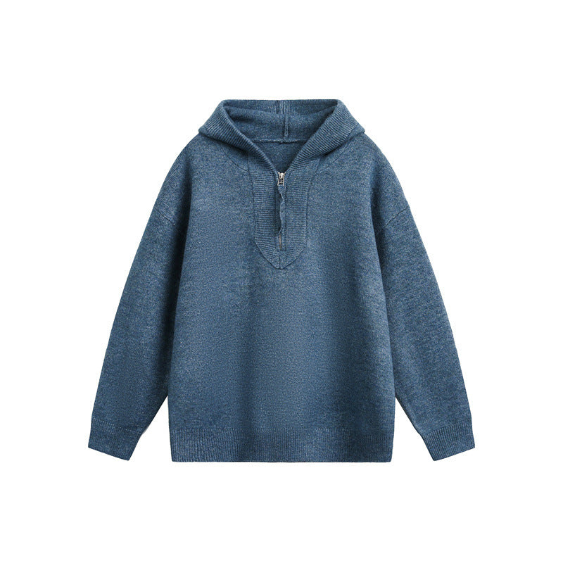 Unisex Grobgestrickter Kapuzenpullover mit halbem Reißverschluss und Boxy‑Schnitt Nord Taschen