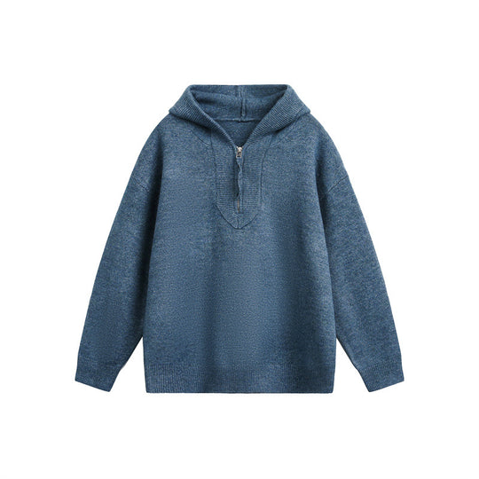 Unisex Grobgestrickter Kapuzenpullover mit halbem Reißverschluss und Boxy‑Schnitt Nord Taschen