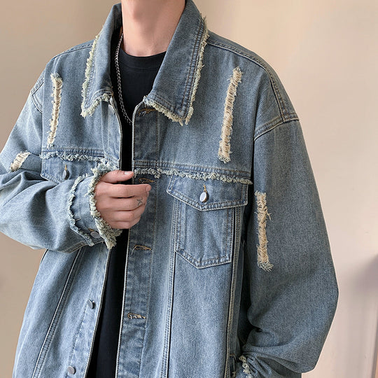 Herren Oversize Jeansjacke mit Used‑Look, ausgefransten Kanten und Druckknöpfen Nord Taschen