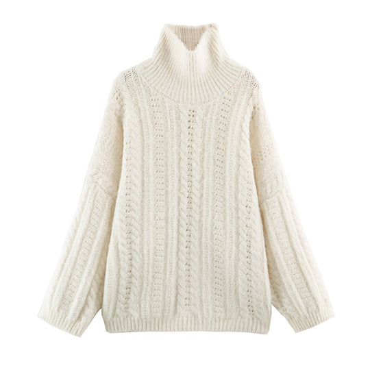 Damen Grobgestrickter Oversize-Pullover mit hohem Rollkragen und Zopfmuster Nord Taschen