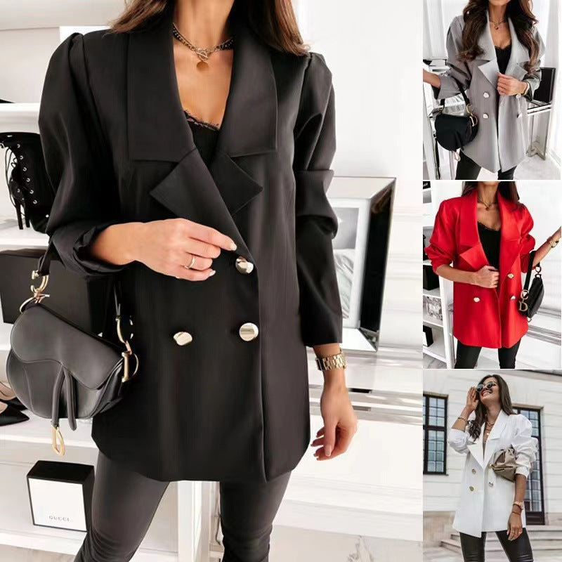 Damen Oversize-Blazer doppelreihig mit gerafften Ärmeln, Notch-Revers und goldfarbenen Zierknöpfen Nord Taschen
