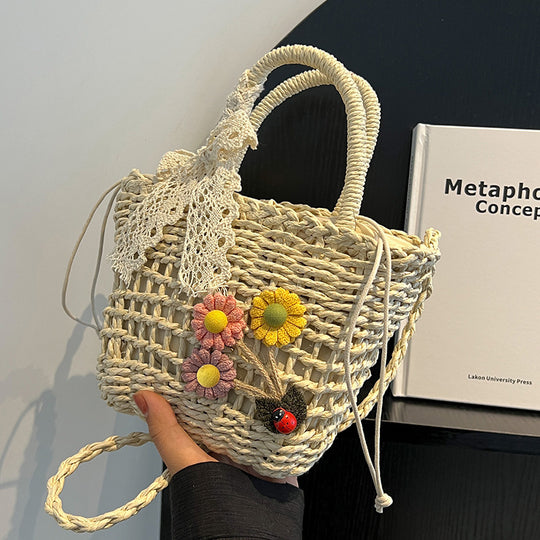 Damen handgefertigte Basttasche mit buntem Floraldesign Nord Taschen