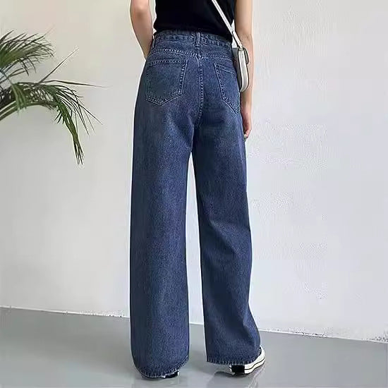 Damen hochgeschnittene weite Denim-Hose mit geradem Schlag und klassischem Five-Pocket-Design Nord Taschen
