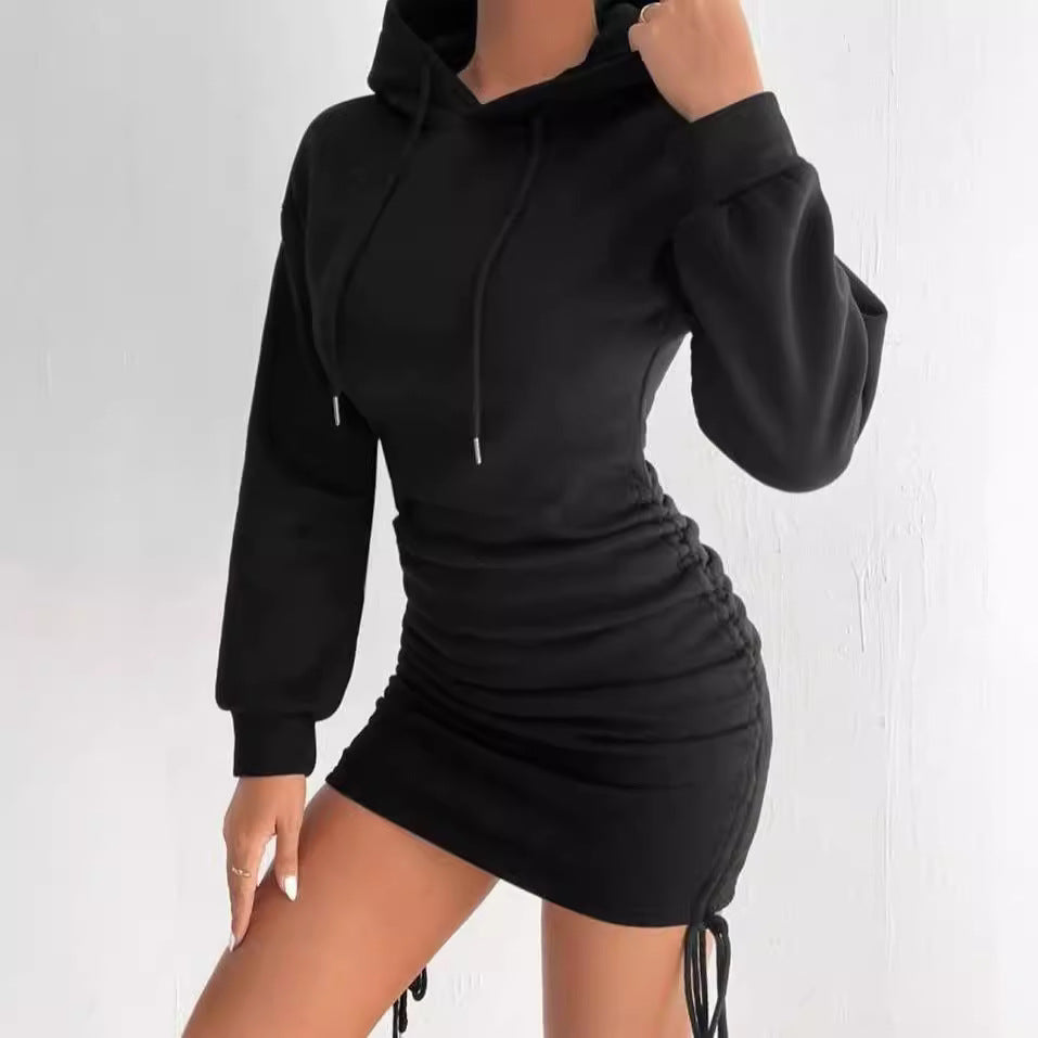 Damen Kapuzenkleid im Sweatshirt‑Stil mit gerafftem Minirock und Kordelzügen Nord Taschen