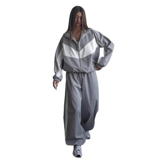 Damen sportives Zweiteiler-Set aus Oversize-Trackjacke mit Reißverschluss und weitem Bundfalten-Hose Nord Taschen