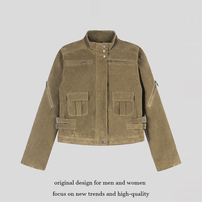 Damen Kurz geschnittene Wildlederjacke mit Stehkragen, Utility-Taschen und Seiten-Schnallen Nord Taschen