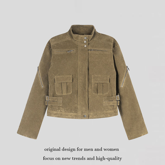 Damen Kurz geschnittene Wildlederjacke mit Stehkragen, Utility-Taschen und Seiten-Schnallen Nord Taschen