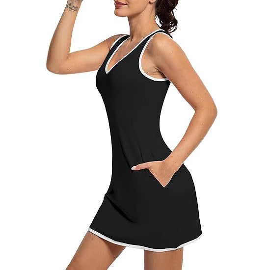 Damen Sportliches Tennis-Kleid mit breiten Trägern und V-Ausschnitt Nord Taschen