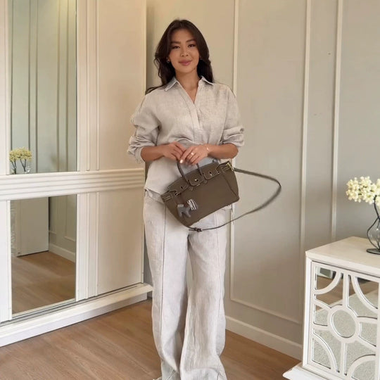 Damen Leinen‑Set mit Bindebluse, Hemdkragen und weiten Palazzo‑Hosen Nord Taschen