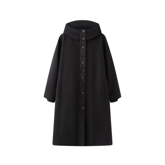 Damen Oversize Wollähnlicher Mantel mit Kapuze und Knopfleiste Nord Taschen