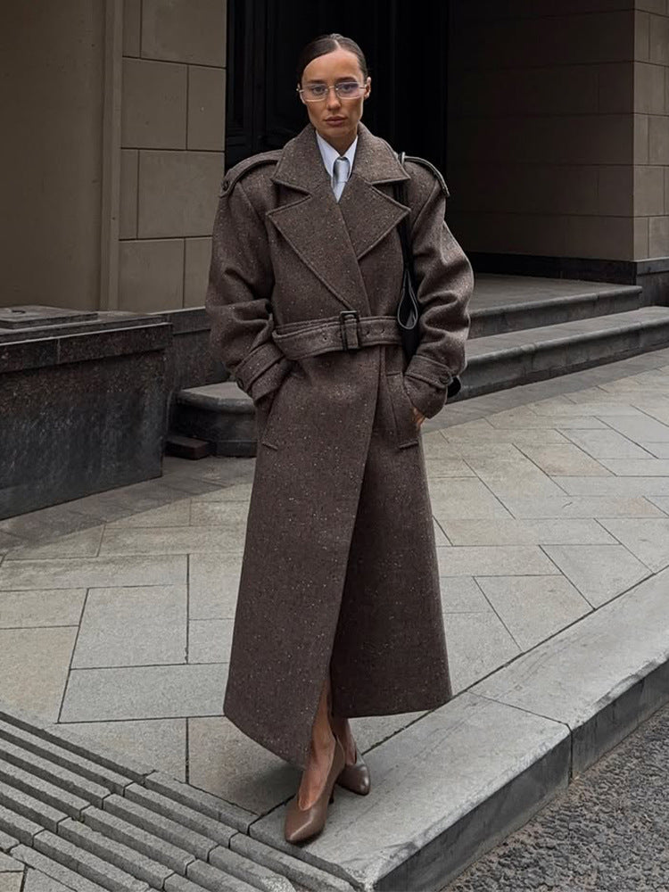 Damen Maxilanger Woll-Cocoon-Mantel mit betonter Schulterpartie und Taillengürtel Nord Taschen