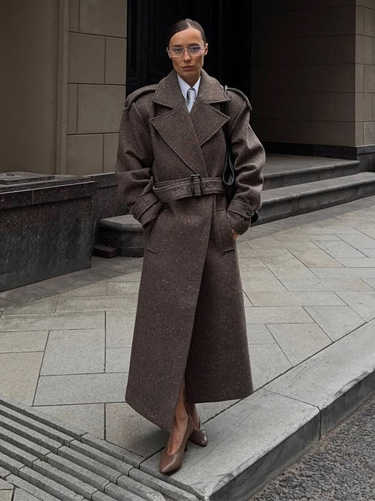 Damen Maxilanger Woll-Cocoon-Mantel mit betonter Schulterpartie und Taillengürtel Nord Taschen