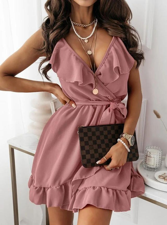 Damen Wickelkleid mit Rüschendetails und tiefem V-Ausschnitt