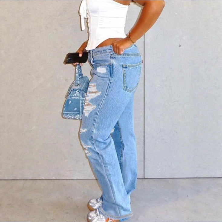 Damen Hochtaillierte Relaxed-Fit Straight-Jeans mit ausgeprägten Destroyed-Details Nord Taschen