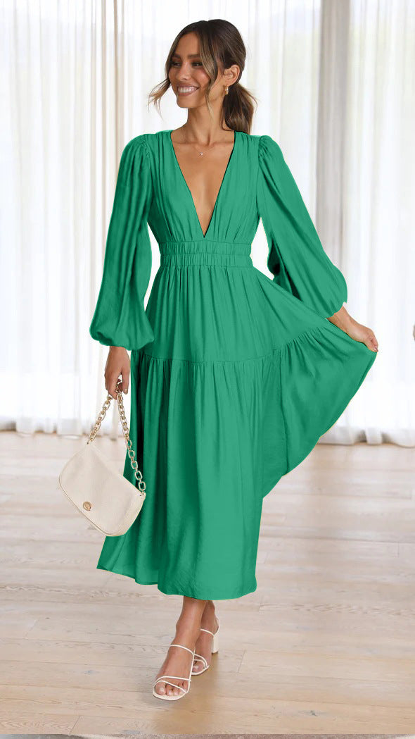 Damen Langarm Maxikleid mit tiefem V-Ausschnitt und weitem Rock