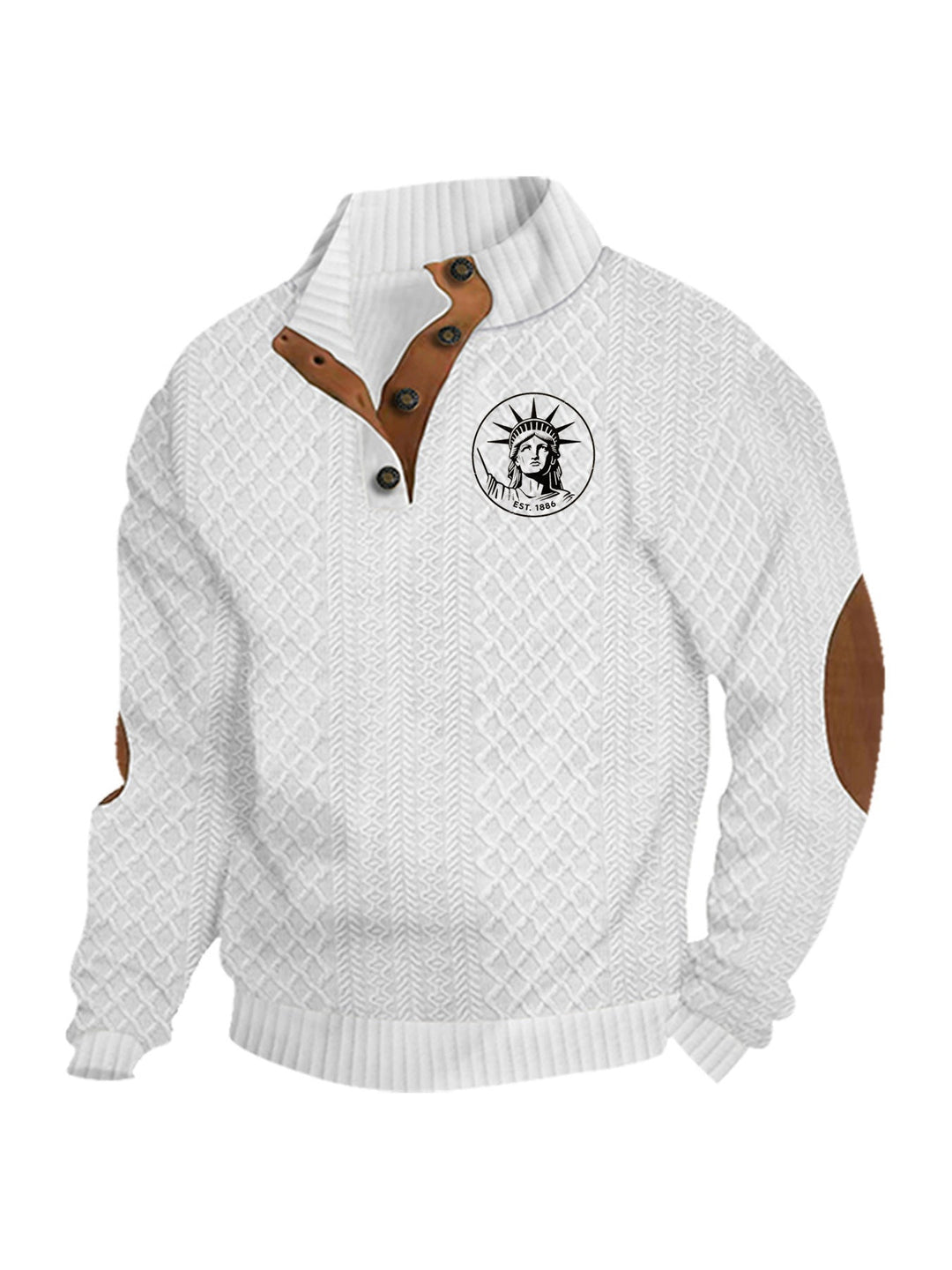 Herren nan Heritage-Strukturpullover mit Stehkragen Lederimitat-Besatz Ellenbogen-Patches und Halbknopfleiste