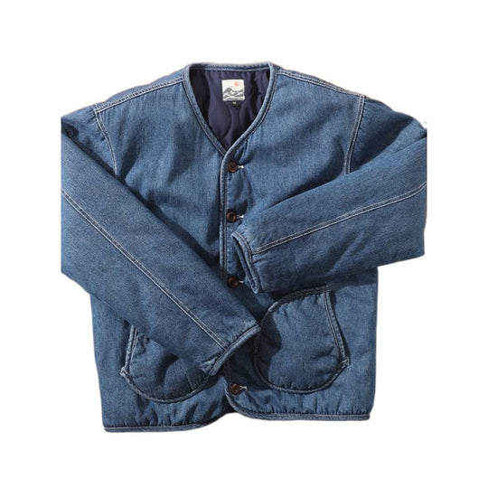Herren Gefütterte Denim-Utility-Jacke ohne Kragen mit Knopfverschluss und runden Pattentaschen Nord Taschen