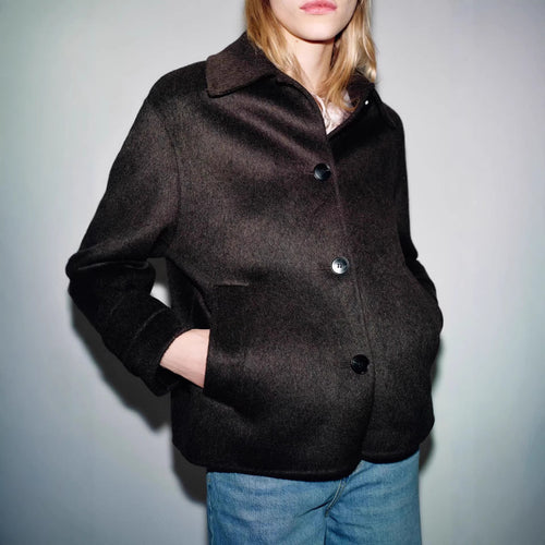 Damen Kurzer Wollmix‑Blouson mit kastigem Schnitt, Hemdkragen und verdeckten Eingrifftaschen Nord Taschen