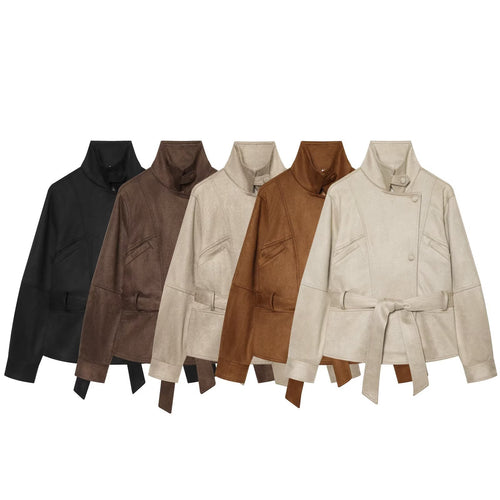 Damen Taillierte Kurzjacke aus weichem Veloursimitat mit asymmetrischer Knopfleiste und Bindegürtel Nord Taschen