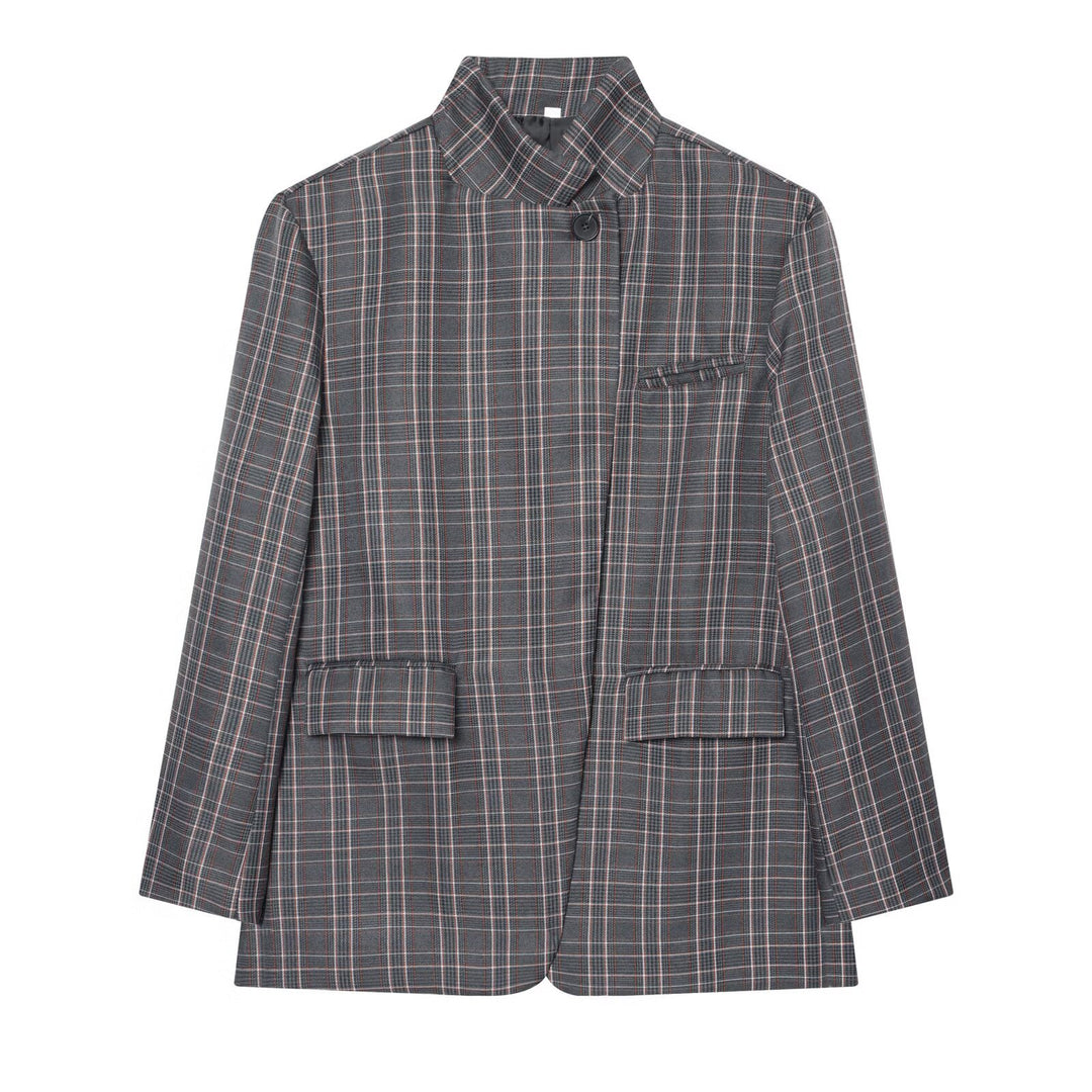 Damen Karierter Longblazer mit Stehkragen, verdeckter Knopfleiste und Pattentaschen Nord Taschen
