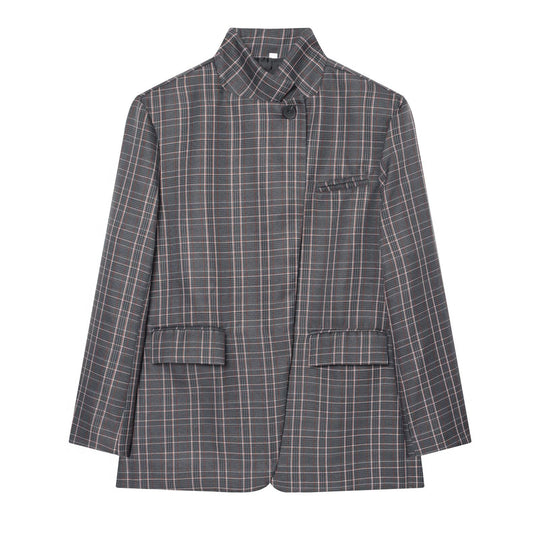 Damen Karierter Longblazer mit Stehkragen, verdeckter Knopfleiste und Pattentaschen Nord Taschen