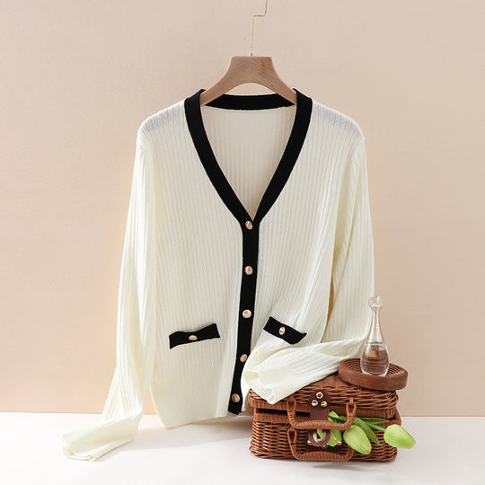 Damen Marin-inspiriertes Rippenstrick-Cardigan mit Polokragen und Zierknopfleiste Nord Taschen