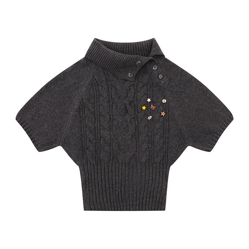Damen Kurzärmeliges Zopfstrick-Pullover-Top mit Stehkragen und Knopfleiste Nord Taschen
