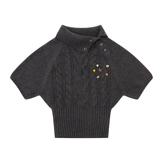 Damen Kurzärmeliges Zopfstrick-Pullover-Top mit Stehkragen und Knopfleiste Nord Taschen