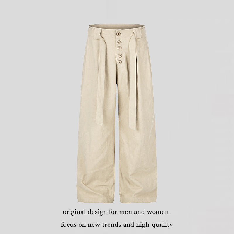 Damen Hochgeschnittene Leinen-Weitebein-Hose mit Knopfleiste, Bindegürtel und Bundfalten Nord Taschen