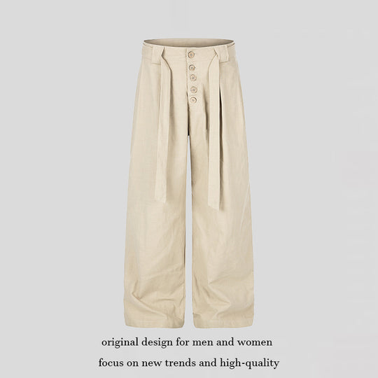 Damen Hochgeschnittene Leinen-Weitebein-Hose mit Knopfleiste, Bindegürtel und Bundfalten Nord Taschen