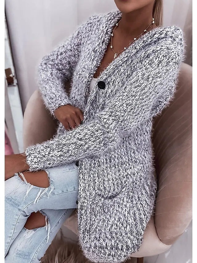 Damen Langer Mélange-Kuschelcardigan mit Kapuze, Hornknopf und Eingrifftaschen Nord Taschen